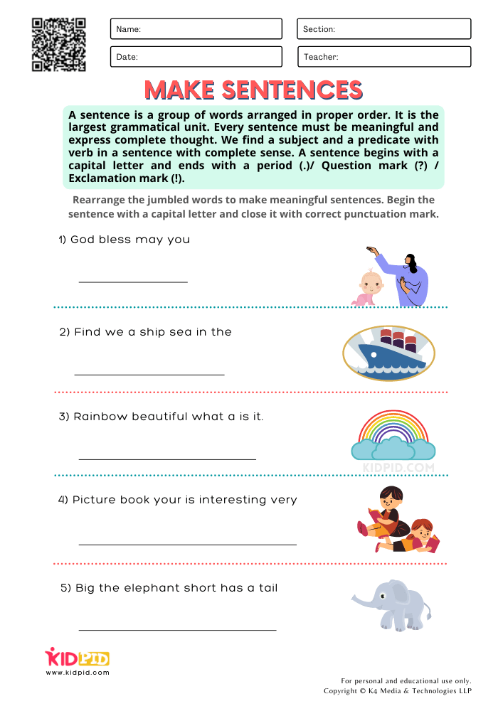 Make Sentences Free Printable Worksheets for Grade 2 - Kidpid