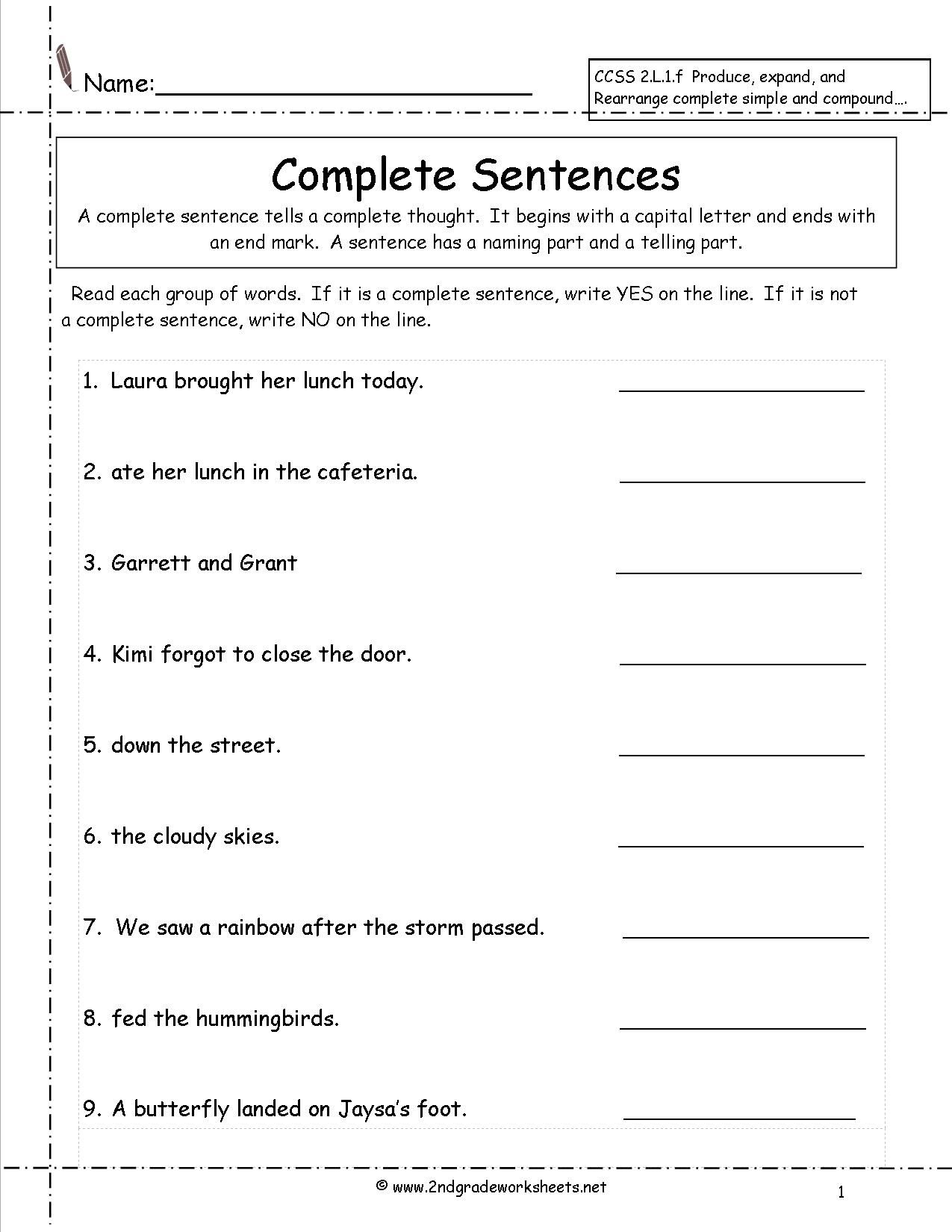 sentence worksheet for 2nd grade