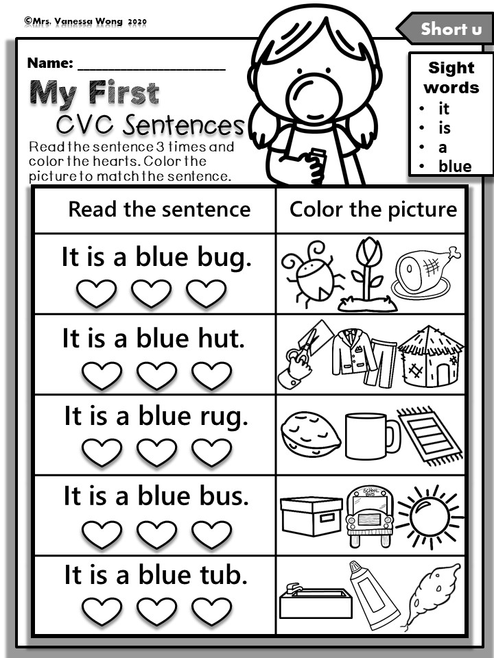 Phonics Activities and Worksheets. My first CVC Sentence -