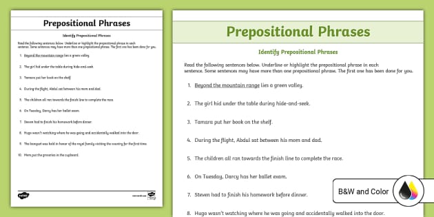 Identify the Prepositional Phrases Activity Sheet 3rd-5th