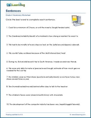 sentences worksheet 4th grade