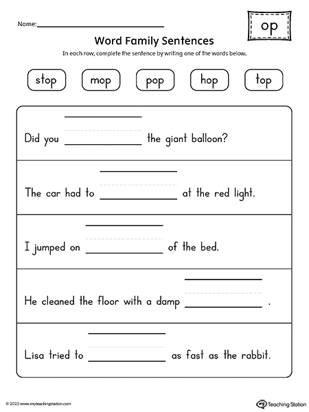 OP Word Family Sentences Worksheet | MyTeachingStation.com