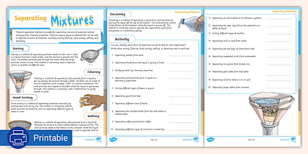 separation of mixtures worksheet