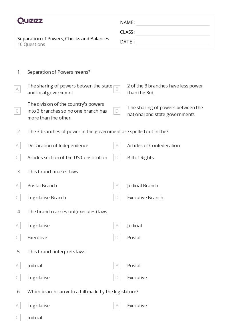 Unit 4B Separation of Powers Vocabulary Matching worksheet Live Worksheets Library