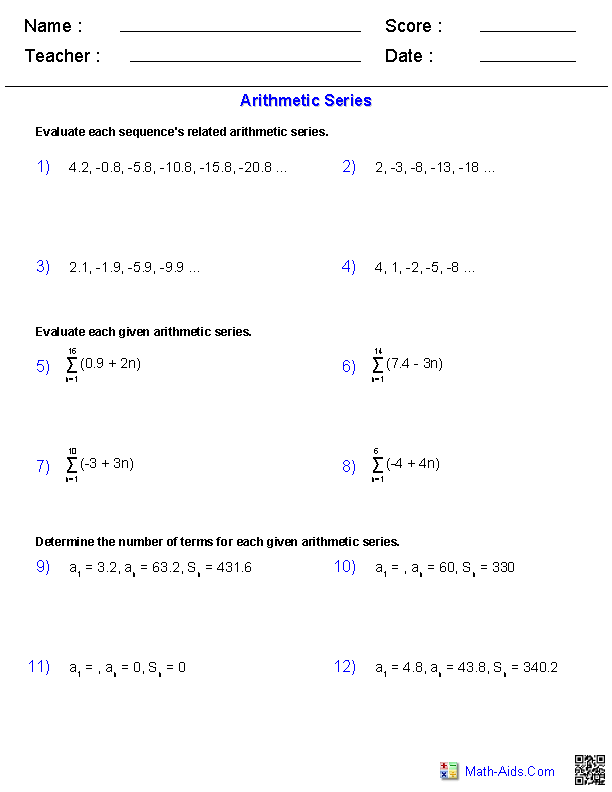 Algebra 2 Worksheets | Sequences and Series Worksheets