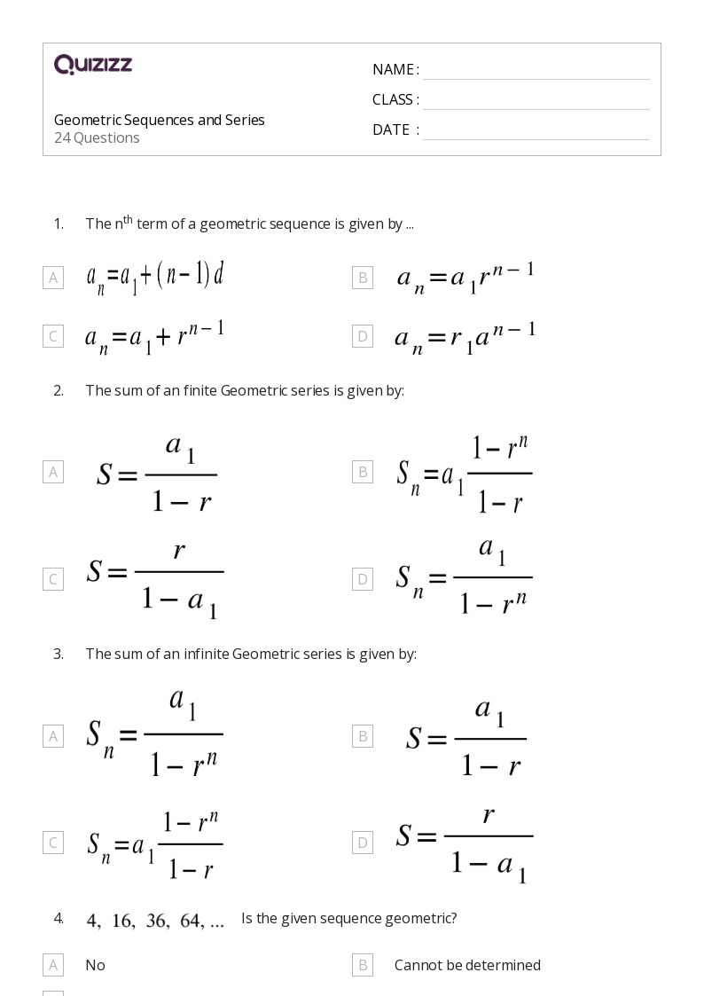 sequences and series worksheet with answers