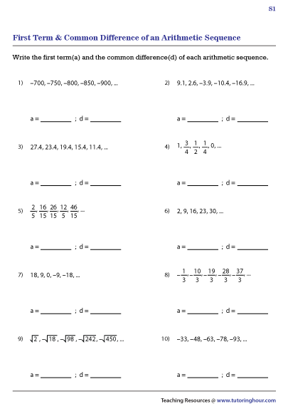 First Term and Common Difference of an Arithmetic Sequence Worksheets