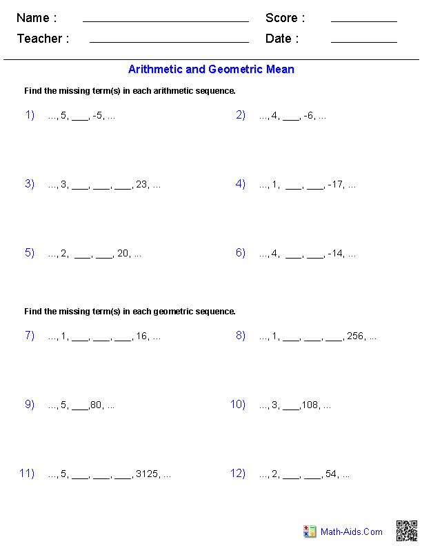 Algebra 2 Worksheets | Sequences and Series Worksheets