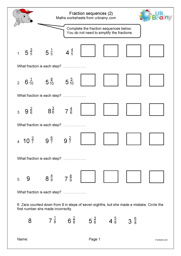 Fraction sequences (2) - Fraction and Decimal Worksheets for Year ...