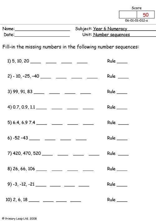 Numeracy: Number sequences | Worksheet | PrimaryLeap.co.uk