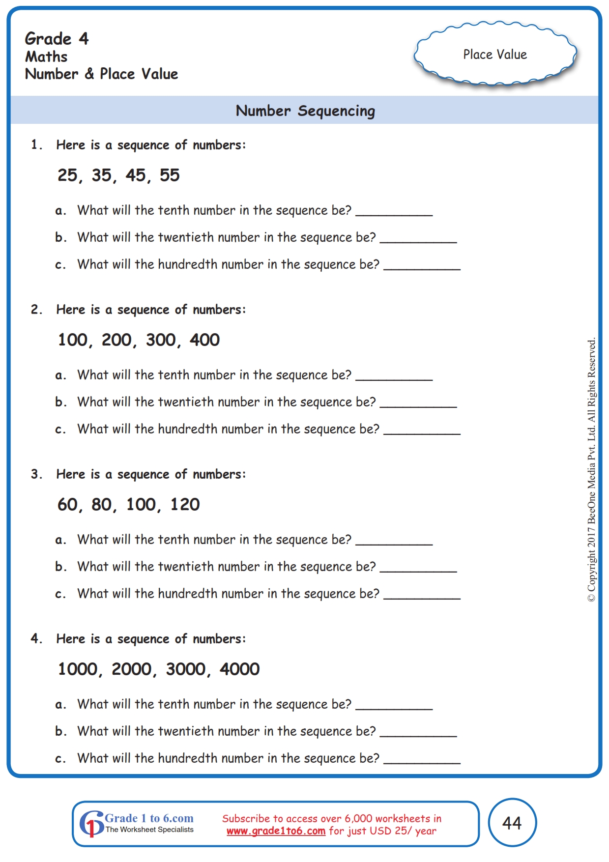 Grade 4 Number Sequences Worksheets|www.grade1to6.com