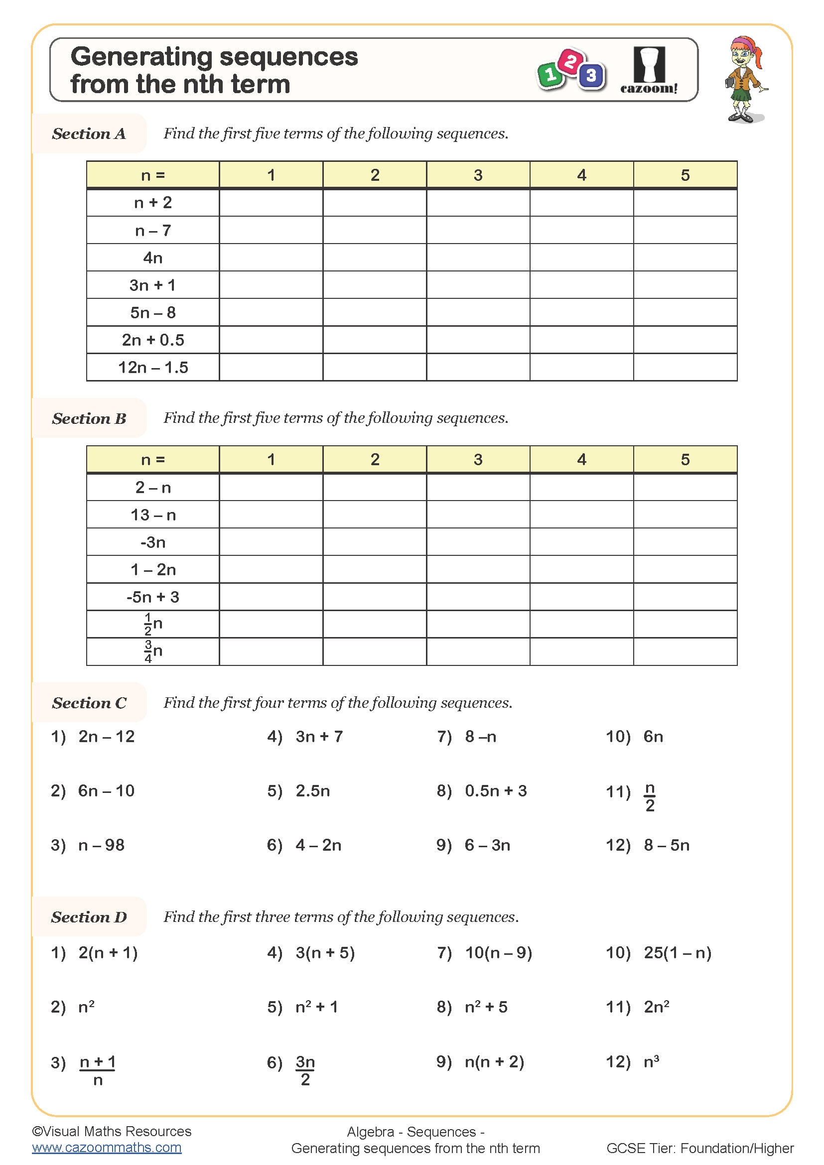 Generating Sequences from the Nth Term Worksheet | Cazoom Maths ...