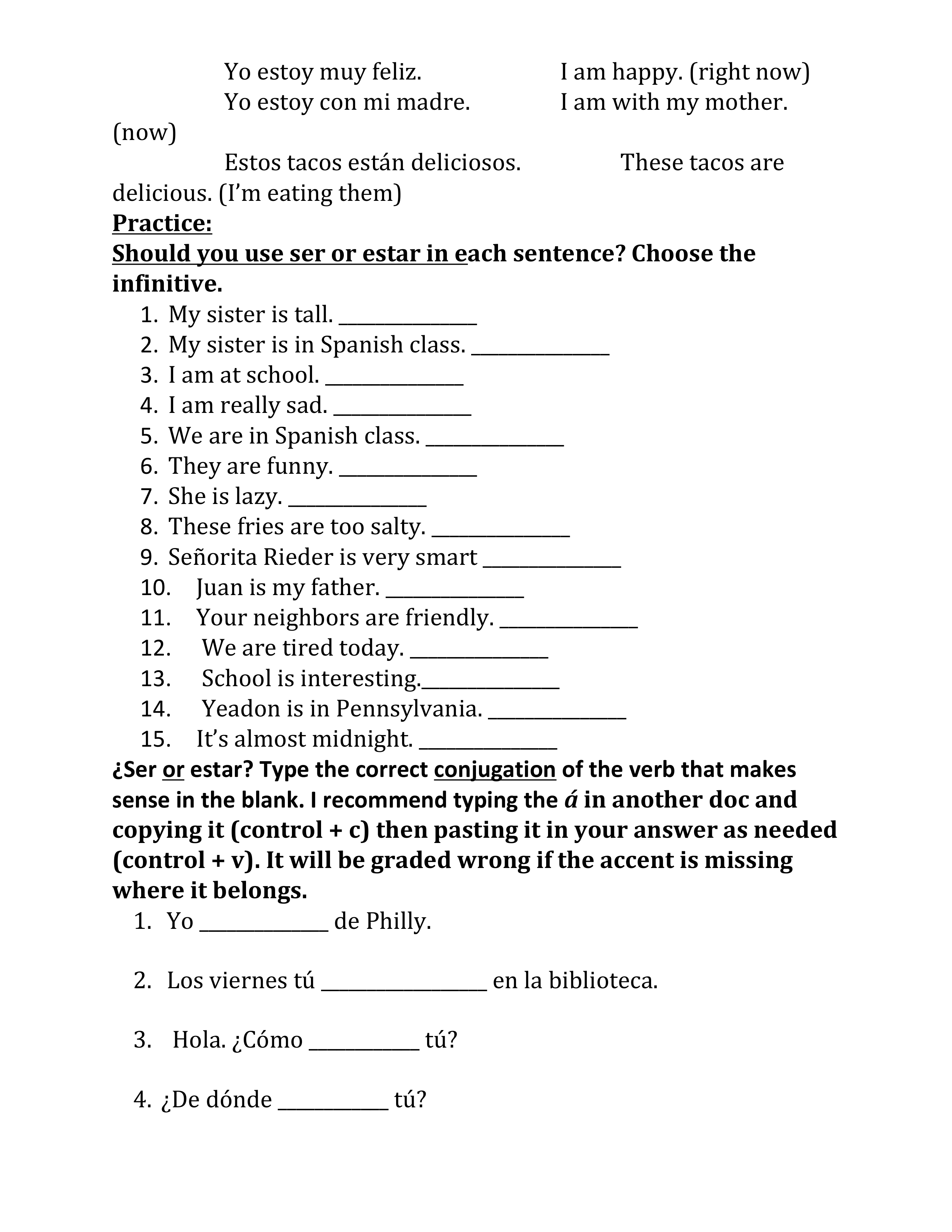 ser and estar worksheet with answers