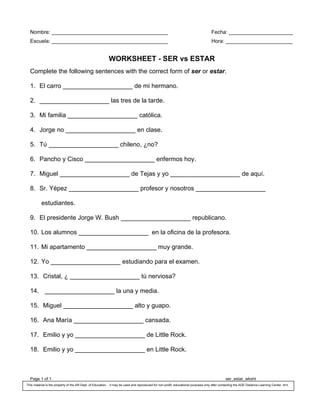 ser and estar worksheet | PDF