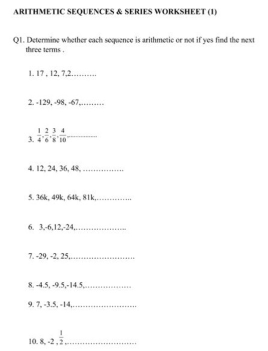 Solved ARITHMETIC SEQUENCES &  SERIES WORKSHEET (1) Q1. | Chegg.com