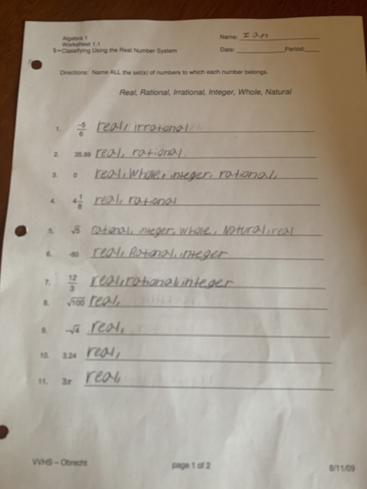 sets of real numbers worksheet