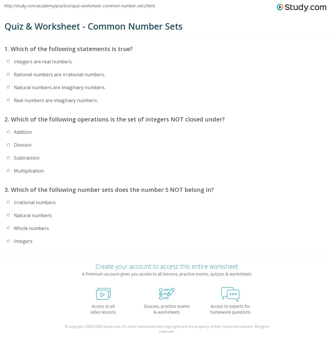 Quiz &  Worksheet - Common Number Sets | Study.com