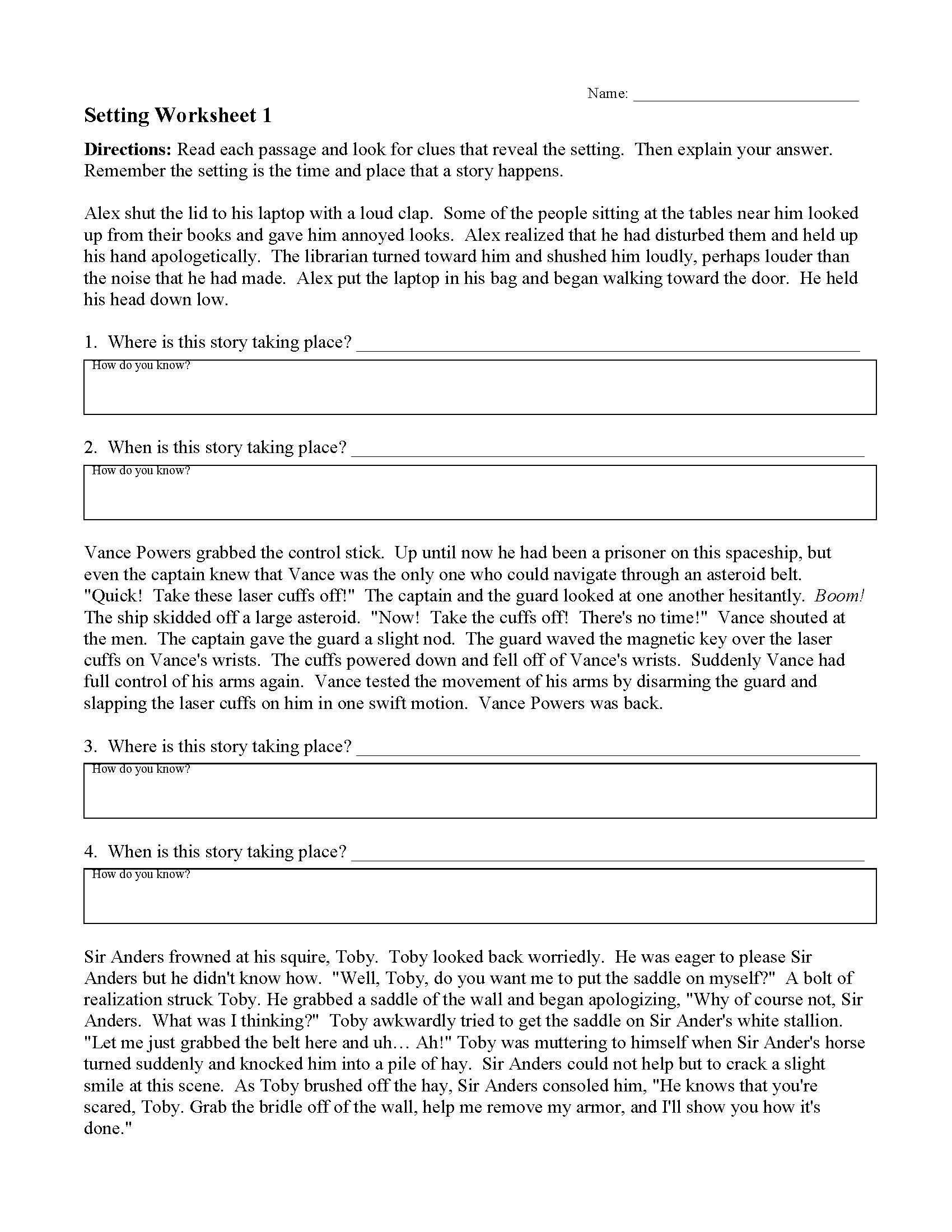 Setting Worksheet 1 | Reading Activity