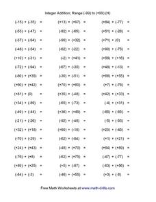 Integer Addition; Range (-99) to (+99) (H) Worksheet for 5th - 7th ...