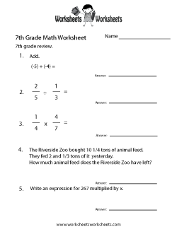 seventh grade math worksheet printable