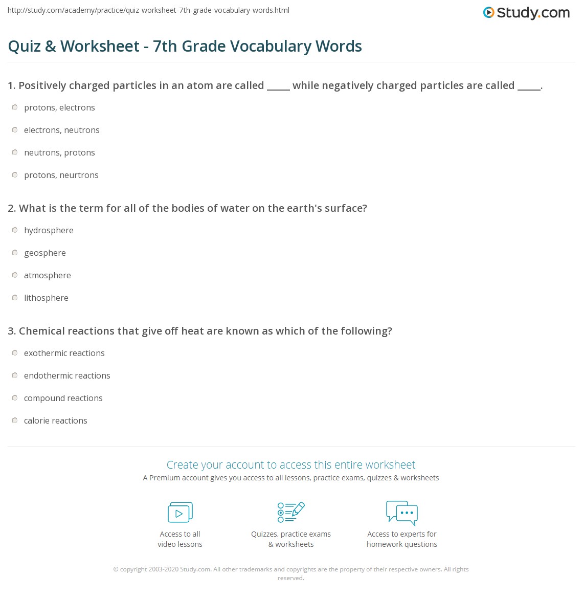Quiz &  Worksheet - 7th Grade Vocabulary Words | Study.com