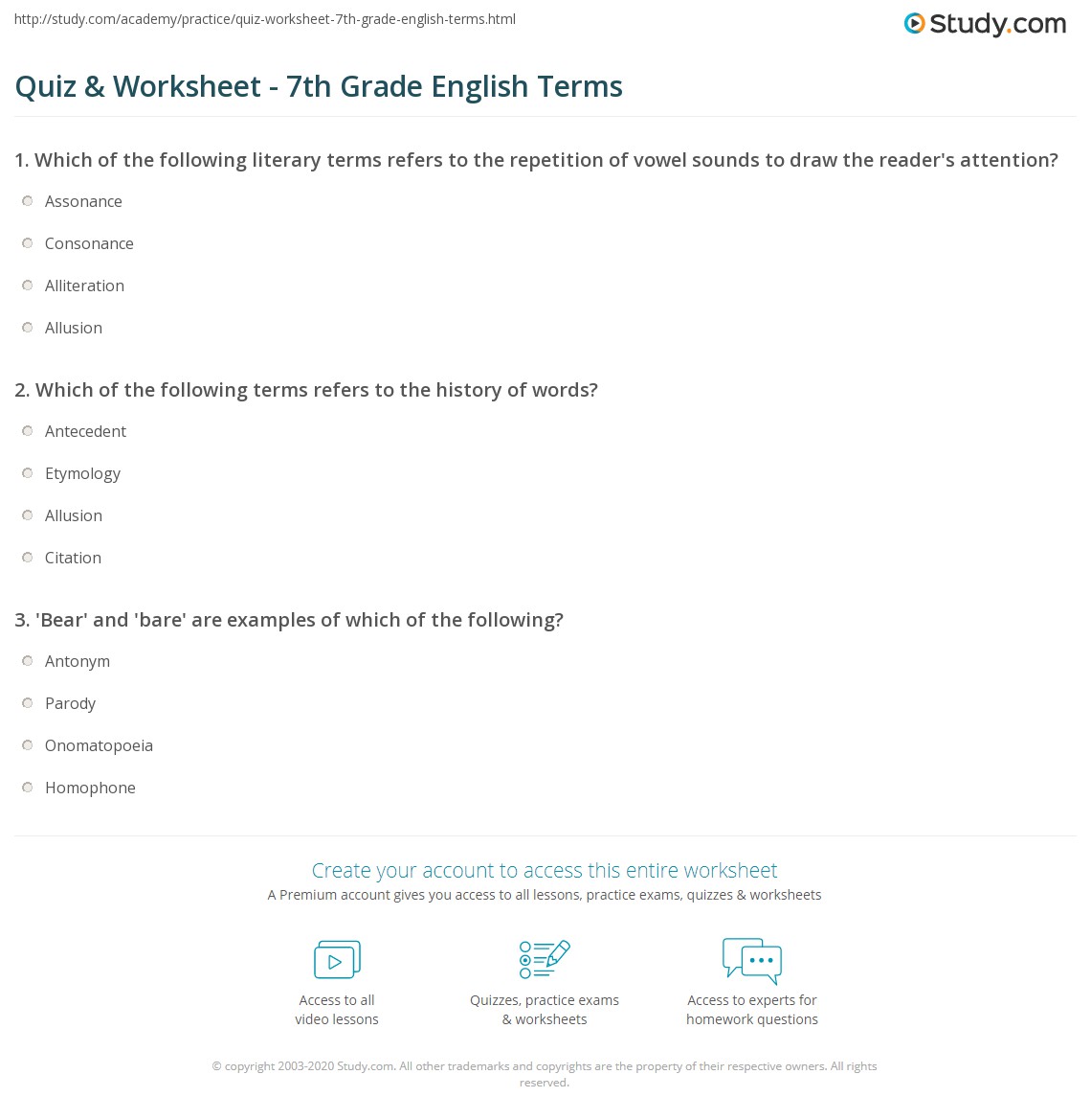 Quiz &  Worksheet - 7th Grade English Terms | Study.com