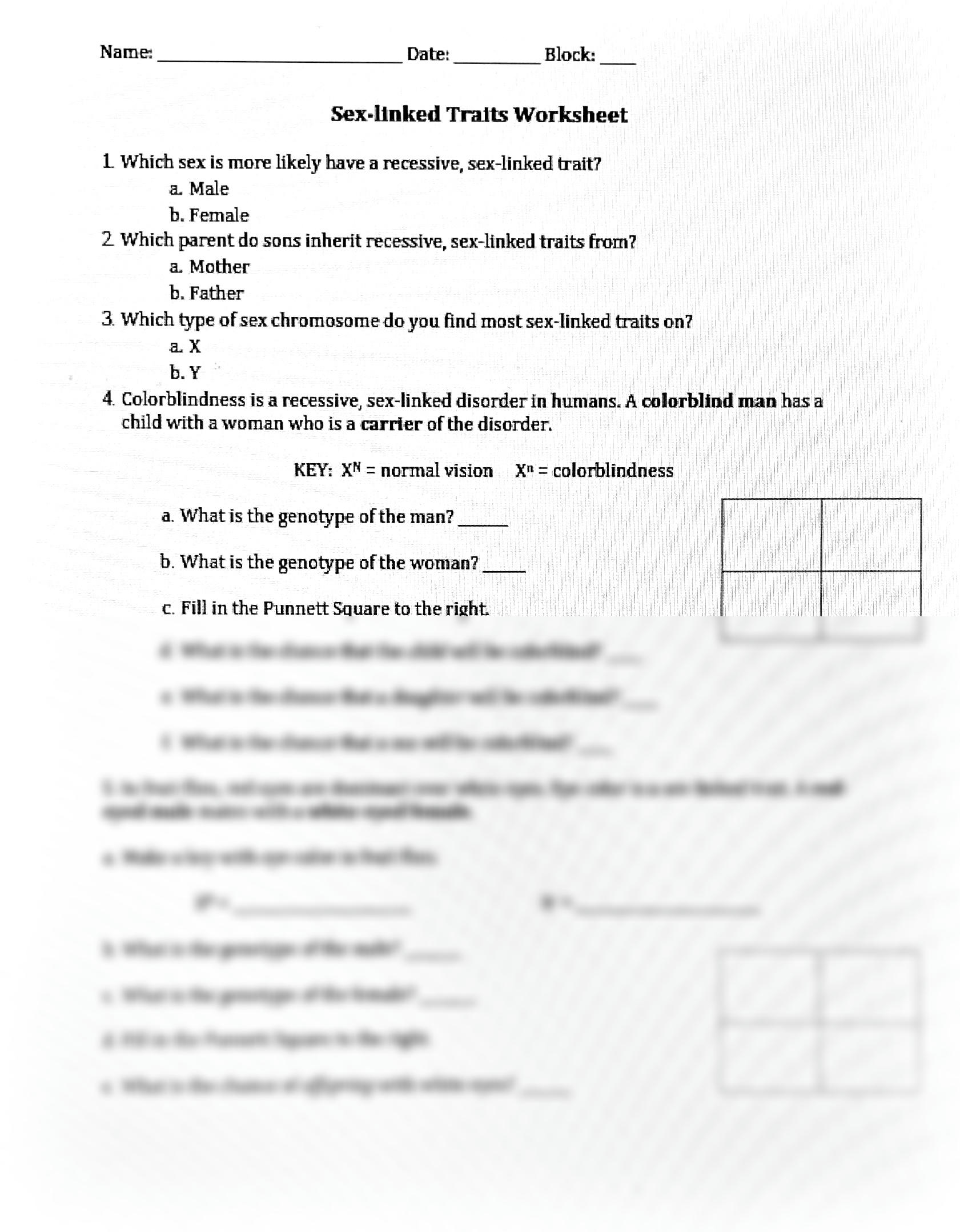 sex linked traits worksheet