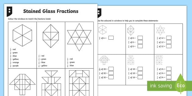 4th Class - Colouring Fractions of Shapes Differentiated Worksheet /