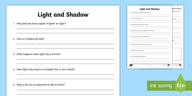 Light and Shadows Questions Worksheet (Lehrer gemacht)
