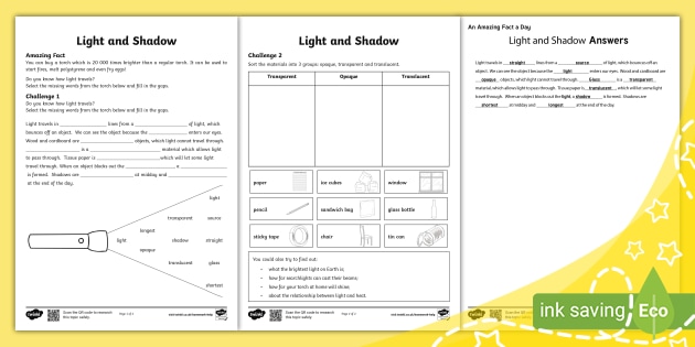 KS2 Light and Shadows Worksheet (Lehrer gemacht) - Twinkl