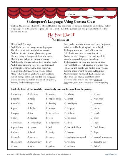 Shakespeares Language: Using Context Clues | Middle School Worksheets