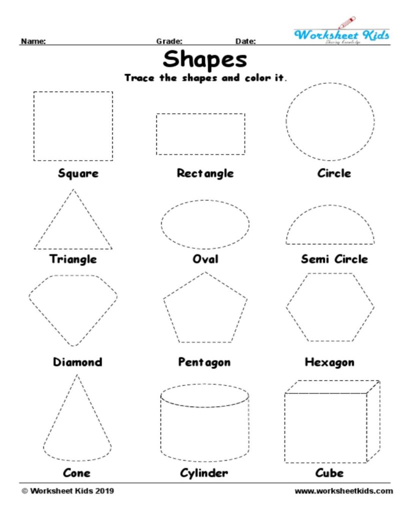 Tracing Shapes Printable Worksheets for Preschool: 2D and 3D - PDF
