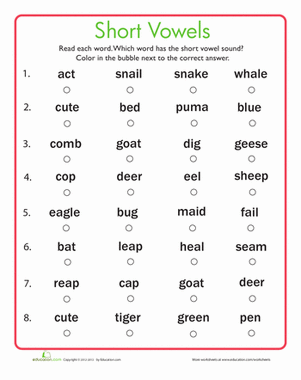 Short Vowels Quiz | Worksheet 