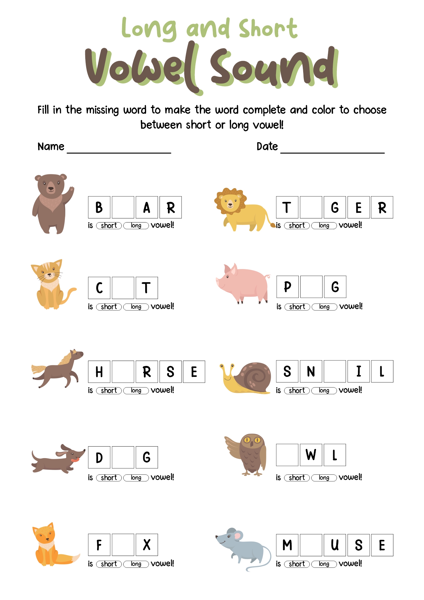 short and long vowel sounds worksheet