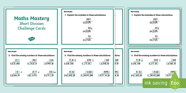 Year 6 Calculation Short Division Maths Mastery Challenge Cards ...