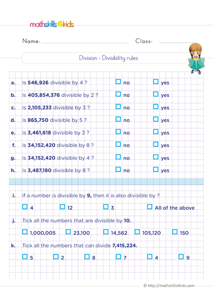 Printable 6th Grade math worksheets: Division of whole numbers