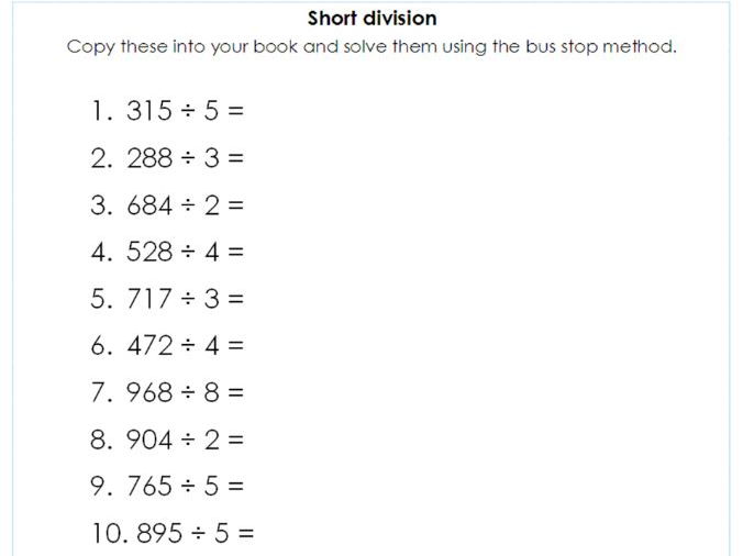 Year 5 / 6 Short division using the bus stop method ...