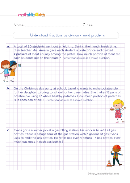 short fifth grade fraction review worksheet