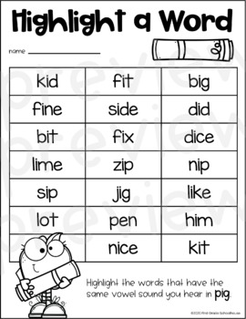 short i worksheet for first grade