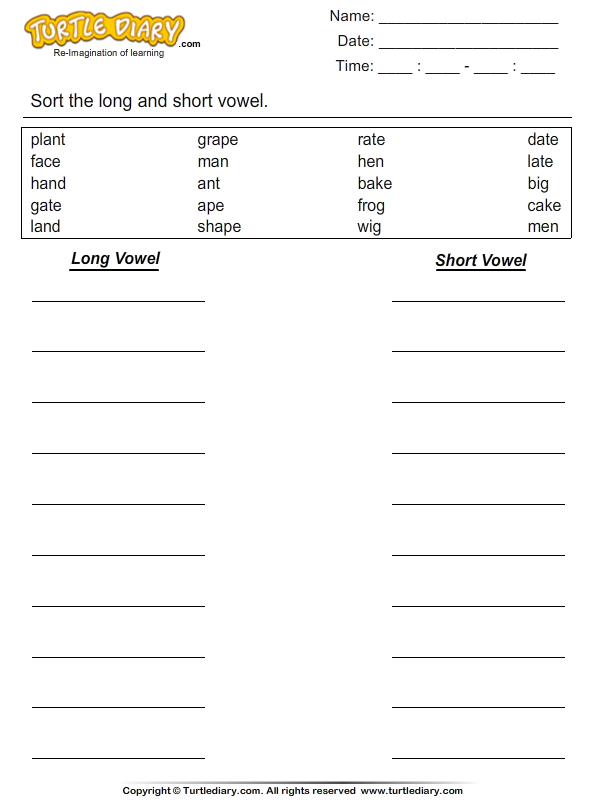 Long and Short Vowel Word Sort | Turtle Diary Worksheet