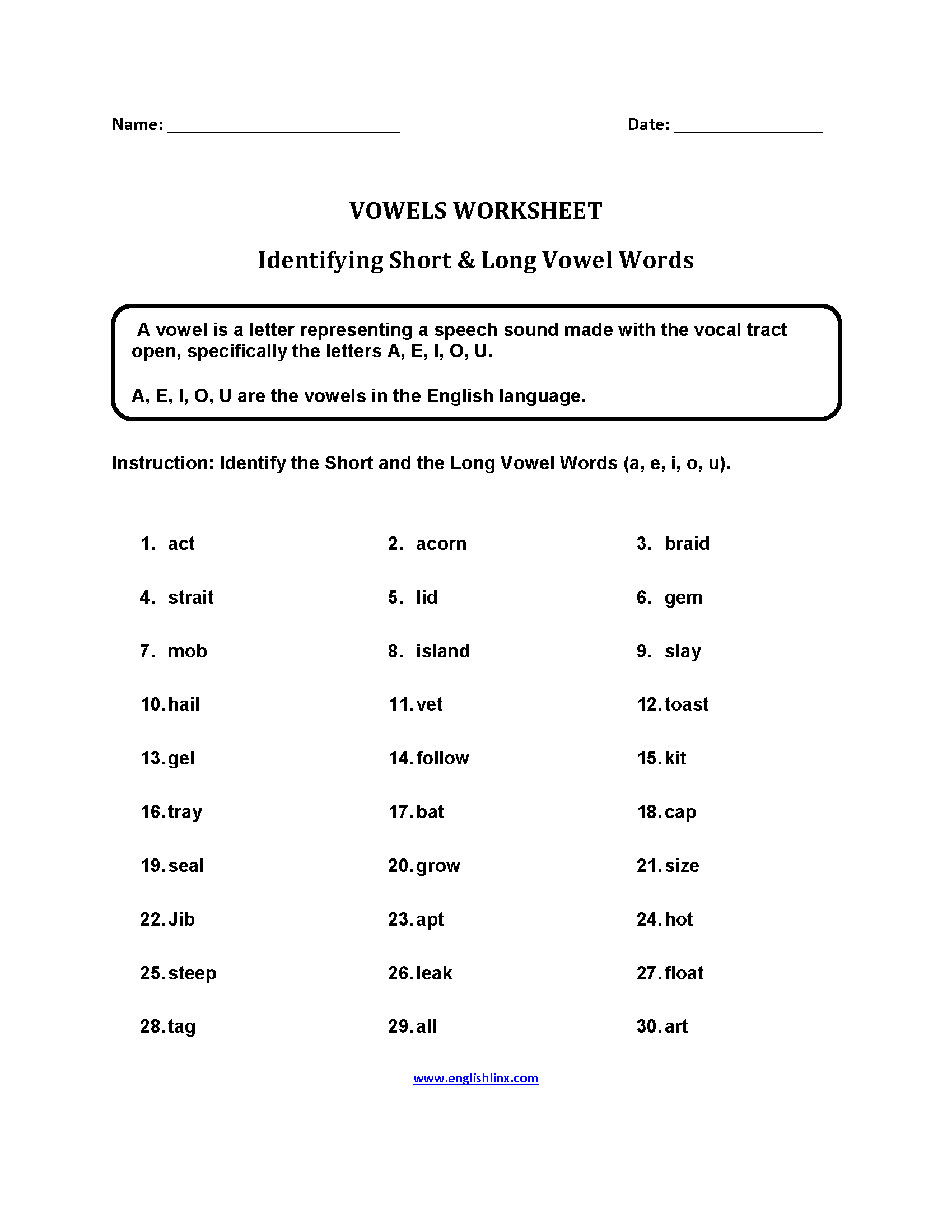 short long vowel worksheet