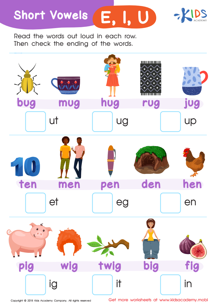 Short Vowels /e/, /i/, and /u/ Worksheet: Free Printable PDF for Kids