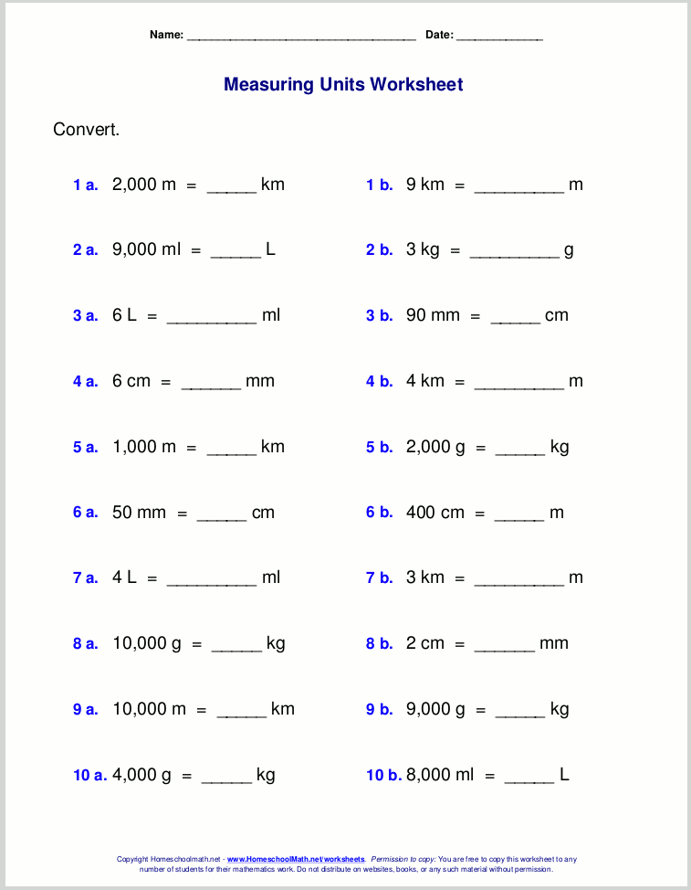 Metric measuring units worksheets