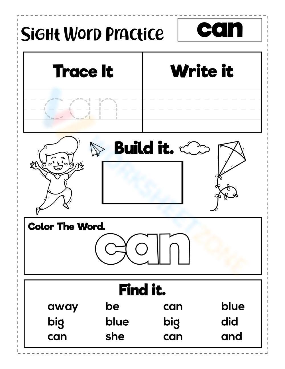 sight word can worksheet