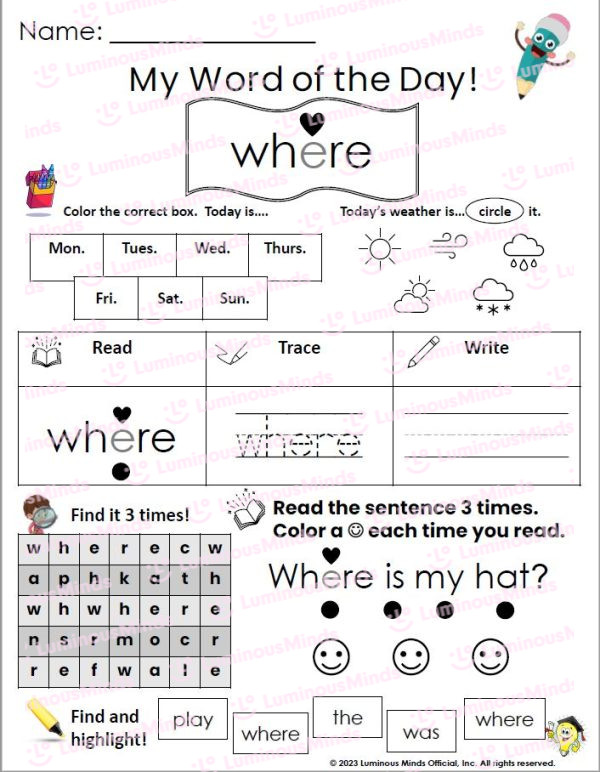 Reading Comprehension Worksheets - My Sight Word of the Day: Where