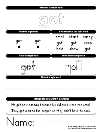 GOT Sight Word Worksheet  