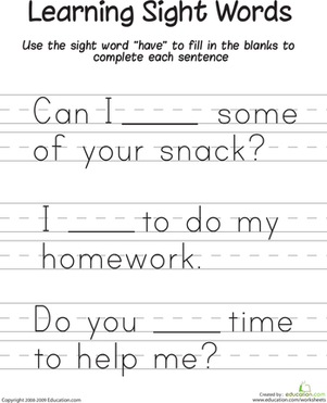 Kindergarten Sight Word Worksheets - ideal for preschool and ...