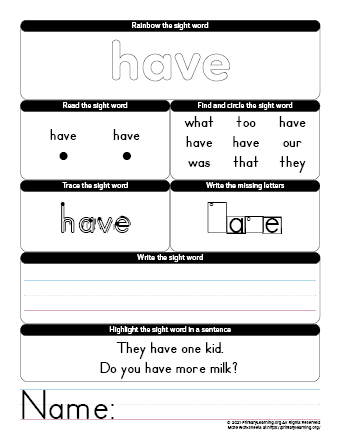 HAVE Sight Word Worksheet  