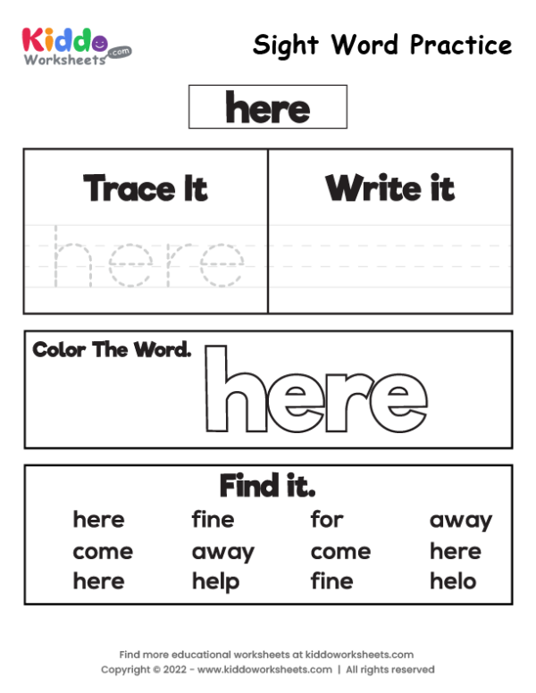 Free Printable Sight Word Practice here Worksheet - kiddoworksheets