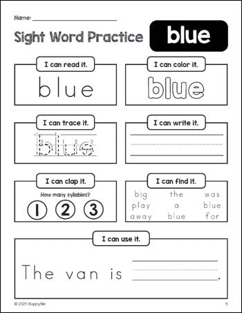 sight word in worksheet